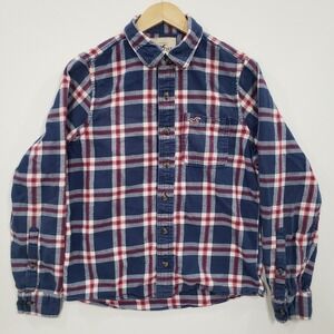 Hollister Plaid Flannel Shirt Mens Large Blue Red Long Sleeve Button Down Cotton